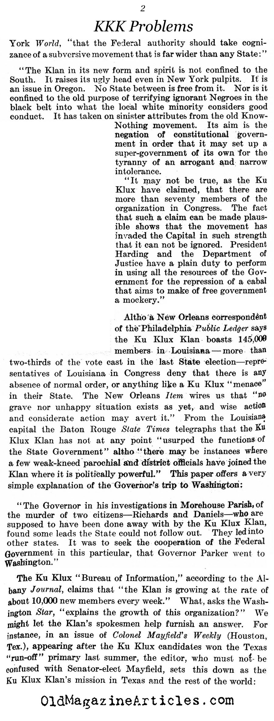 The Klan as a National Problem  (The Literary Digest, 1922)